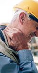 Construction, neck pain or man outdoor with massage, injury or joint issue in building project. Accident, fatigue or mature engineer with sprain, muscle strain or cervical tension on development site
