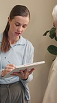 Clipboard, woman and physiotherapist with woman in clinic for medical documents for appointment. Schedule, paperwork and healthcare worker with patient progress report for physical therapy in office.