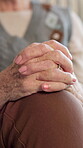 Mental health, old person or hands in home with nerves, anxiety trigger or memory of past trauma. Stress, overwhelmed or senior woman with flashback, reflection or tension in emotional thoughts.