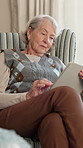 Ebook, search or old woman in house with tablet, online library or scroll on storytelling app. Retirement, digital or senior person with tech, virtual browse or portable reading on literature site.