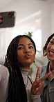 Women, friends and peace sign in home for selfie, bonding or happy for reunion with social media post. Pout, online and people with content creation for streaming, networking or photography in house