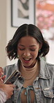 Phone, dance and singing with women in home for karaoke app, bonding and music. Singer games, song streaming and mobile with friends in living room in house for energy, fun and entertainment