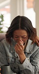 Sad woman, advice and friends on sofa with conversation, support and solution or problem solving in home. Comfort, understanding and women in living room with bad news, empathy or discussion in house