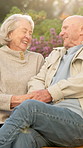 Laugh, holding hands or senior couple in nature with love, relationship support or retirement security. Happy, elderly people or outdoor with connection for trust, funny memory or marriage commitment