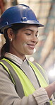 Logistics, tablet and smile with woman in warehouse for inspection checklist, cargo and freight. Supply chain inventory, distribution advisor and online report with employee and tech in factory