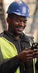 Logistics, phone and typing with black man in warehouse for inspection checklist, cargo storage and freight. Supply chain inventory, distribution advisor and online report with employee and tech
