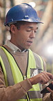 Logistics, tablet and counting with man in warehouse for inspection checklist, cargo and freight. Supply chain inventory, distribution advisor and online report with employee and tech in factory
