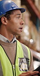 Shipping, tablet and check with man in warehouse for inspection checklist, cargo and freight. Supply chain inventory, distribution advisor and online report with employee and tech in factory