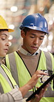 Inspection, tablet and logistics employees in warehouse with research, inventory or checklist for delivery. Digital technology, inspection and distribution worker with manager for order confirmation.