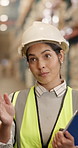 Distribution, woman or manager with task delegation in warehouse, shipping schedule and morning brief. Logistics, person or supervisor with communication, talk and clipboard with supply chain agenda
