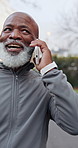 Phone call, smile and black man with walk outdoor for exercise, fitness or active wellness. Happy, laugh and mature person on tech for conversation, communication or advice and feedback with cardio