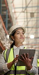 Logistics, tablet and team with woman in warehouse for inspection checklist, cargo and walking. Supply chain inventory, distribution partner and online report with employees and tech in factory