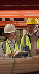 Tablet, logistics and team at shelf for inspection, supply chain discussion or stock count. People, tech or walk in warehouse to check inventory storage for shipping, smile or order fulfillment