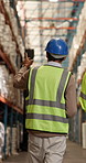Logistics, walk or team at depot with clipboard, stock control or order backlog in distribution. Back, people or warehouse supplier with checklist, inventory management or teamwork in supply chain.