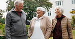 Laugh, walking and senior people in nature with positive attitude for bonding, connection or weekend. Happy, holiday and group of elderly friends in nature for calm, good mood or peace in backyard.