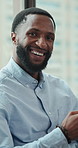Laugh, queue and face of black man in office for job interview, meeting or corporate training. Smile, portrait and candidate in line for career opportunity, vacancy or recruitment in workplace.