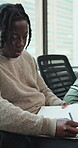 Preparation, waiting and writing with business man in office for hiring or recruitment process. Checklist, interview and notebook with serious candidate in workplace for job opportunity or vacancy