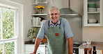 Face, cooking and senior man in kitchen, chop carrots and smile with natural food for nutrition. Home, happy person and cut vegetables for organic meal prep, vegetarian diet and health in retirement
