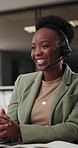 Night, telemarketing and woman in call center with laugh, conversation and joke for lead generation. Late, happy consultant and black person with sales, humor and funny discussion with customer.