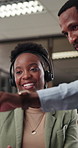 Team, talk and advice in office for telemarketing, lead generation and happy with proposal at night. Late, consultant and black people in call center with smile, collaboration and sales discussion.