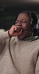 Night, man and tired with yawn in callcenter for help desk overload, high call volume or burnout. Support consultant, black person and mic with stretch for shift fatigue, ticket backlog or overworked