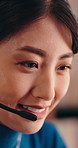 Call center, happy and agent with headset, contact us and telecom advisory with crm service. Talking, smile and Asian woman with microphone, online assistance and helpdesk with client support.
