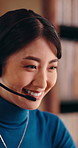 Call center, headset and agent in house with smile, contact us and telecom advice in remote service. WFH, happy and Asian woman with microphone, online assistance and helpdesk with client support.