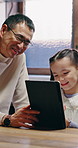 Happy, father and Asian child in home with tablet, play knowledge game and learning for development. Japanese man, daughter and talk in house with tech, educational gaming and bonding for growth.