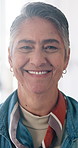 Mature, face and happy woman with pride for creative design or small business startup. Portrait, female person or fashion designer with smile or style for outfit, clothing or development in workplace