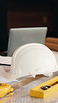 Construction, ppe or hardhat on site for safety, protection gear or equipment in building project. Compliance, space or helmet for risk control, uniform or hazard prevention in industrial industry.