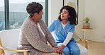 Discussion, healthcare, nurse with old woman on sofa in retirement home for assisted living. Checkup, conversation and visit with caregiver explaining to senior patient in apartment for service