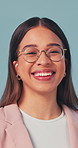 Marketing, face and businesswoman with smile, advertisement specialist or pride in business growth. Portrait, happy and brand clerk with confidence, campaign expert or about us on studio background.