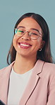 Marketing, face and businesswoman with tablet, advertisement specialist or confidence in business growth. Portrait, happy and brand clerk with tech, campaign expert or about us on studio background.