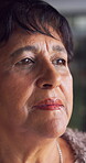 Thinking, sad and senior woman in home with flashback, loss and memory of past mistake. Mental health, reflection or elderly person in house with regret, nostalgia or emotional thoughts in retirement