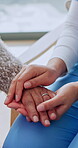 Tender, old person and nurse in house with holding hands, understanding or empathy in health assistance. Compassion, senior woman and caregiver with comfort, patient support or trust in medical care.