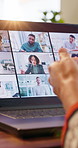 Person, hands and video call with laptop screen in home for online meeting, discussion or webinar. Computer, freelancer or remote work with computer display for virtual chat or conversation in house