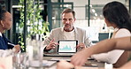 Tablet screen, businessman or presentation with team, data projection or sales performance. Chart, tech or presenter in office meeting for financial update, revenue growth or productivity improvement