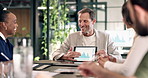 Tablet screen, businessman or presentation with team, graphs or happy for sales performance. Data, tech or presenter in office meeting for financial update, revenue growth or productivity improvement