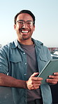 Laughing, face and businessman with tablet in city, research or confident with urban planning career. Outdoor, town planner and happy person with glasses, portrait and design project with technology