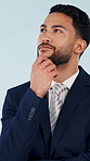 Problem solving, thinking or business man in studio with financial decision or professional insight. Vision, male person or employee planning with reflection, investment idea or mindset on background