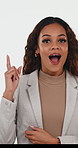 Thinking, decision and business woman in studio for doubt, planning or brainstorming for investment. Uncertain, financial advisor and person with ideas for mockup space or choice on white background