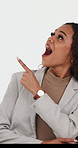 Ideas, decision and business woman in studio for doubt, planning or brainstorming for investment. Uncertain, financial advisor and person with thinking for mockup space or choice on white background