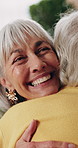 Smile, friends and senior woman with hug for support, care or appreciation for lifelong relationship. Love, elderly people and embrace in retirement home for visit, reunion or talking with connection