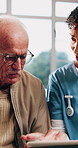 Checkup, nurse or old man in home with tablet, treatment plan or medical record in senior care. Digital, caregiver or elderly person with tech, diagnosis feedback or health assessment in retirement.