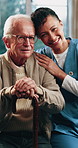 Senior, face and nurse with patient in retirement house for healthcare or assisted living together. Portrait, people or caregiver with smile or cane for elderly care, support or trust in nursing home