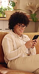Happy, woman and scroll in home with phone, glasses and social media app for reading online gossip. Person, relax and browsing in lounge with tech, internet connectivity and smile for text message.