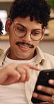 Couple, talk and relax in home with phone, internet connection or opinion for online shopping together. Happy people, dating and chat in living room with tech, website and mobile app for ecommerce.