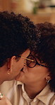 Tender, smile or couple in house with kiss, partner care or bonding together with connection. Support, security or people in home with affection, romantic moment or commitment in happy relationship.