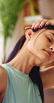 Calm, woman and stretching for wellness in house, endurance and physical activity to improve posture. Fitness, home and person with balance, self care and warm up routine with yoga in apartment