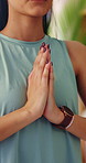 Yoga, namaste or hands in house with meditation, calm practice or mindfulness in wellness activity. Inner peace, mudra or woman with prayer gesture, zen or mindset improvement for holistic health.